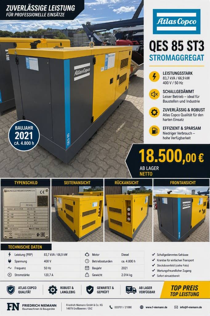 Groupe électrogène Atlas Copco QES 85 ST3 — occasion 2021, 4 800 h