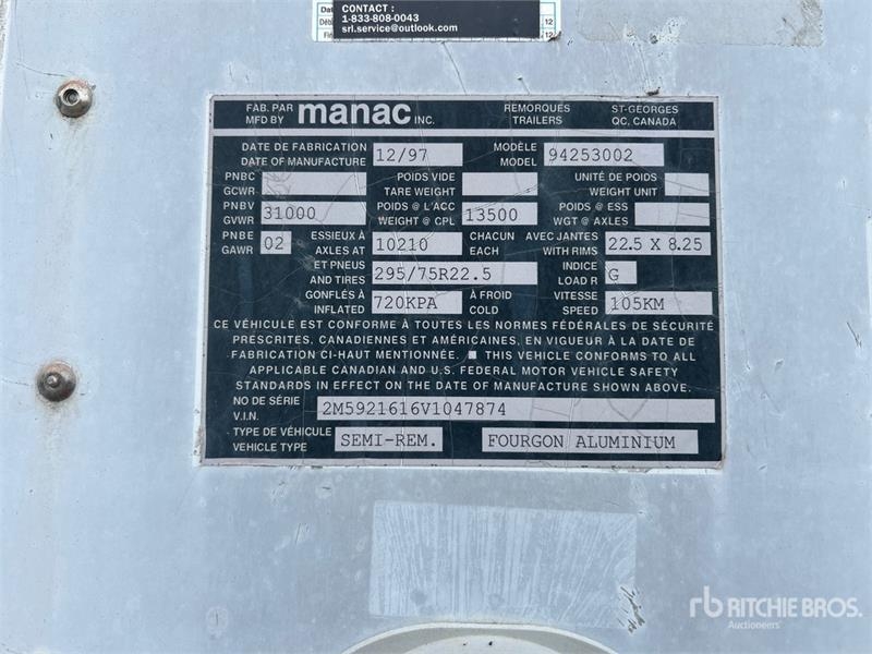 Manac 53 ft x 102 in T/A Van Trailer