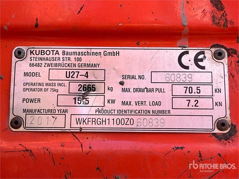 Mini-pelle Kubota U27-4 Mini — occasion 2017, 3 626 h