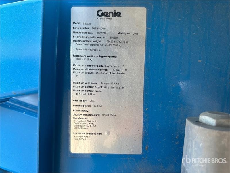 Nacelle articulée Genie Z-62/40J 4WD Diesel — occasion 2016, 3 370 h
