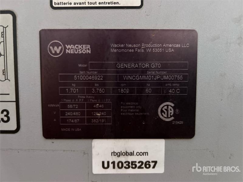 Groupe électrogène Wacker Neuson G70 — occasion 2019, 2 989 h