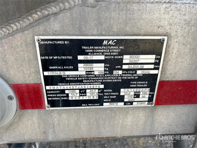 Remorque MAC TN1650APB 1650 cft T/A Pneumatic Bulk — occasion 2018