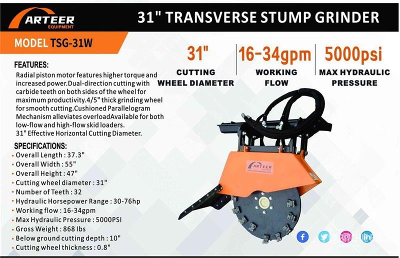 Herse rotative Arteer TSG-31W 31 in Transverse Skid Steer Stump Grinder — occasion 2026