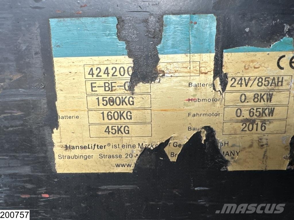 Hanselifter Hubwagen 1500 kg, 0,8 kW, 2016 Штабелери