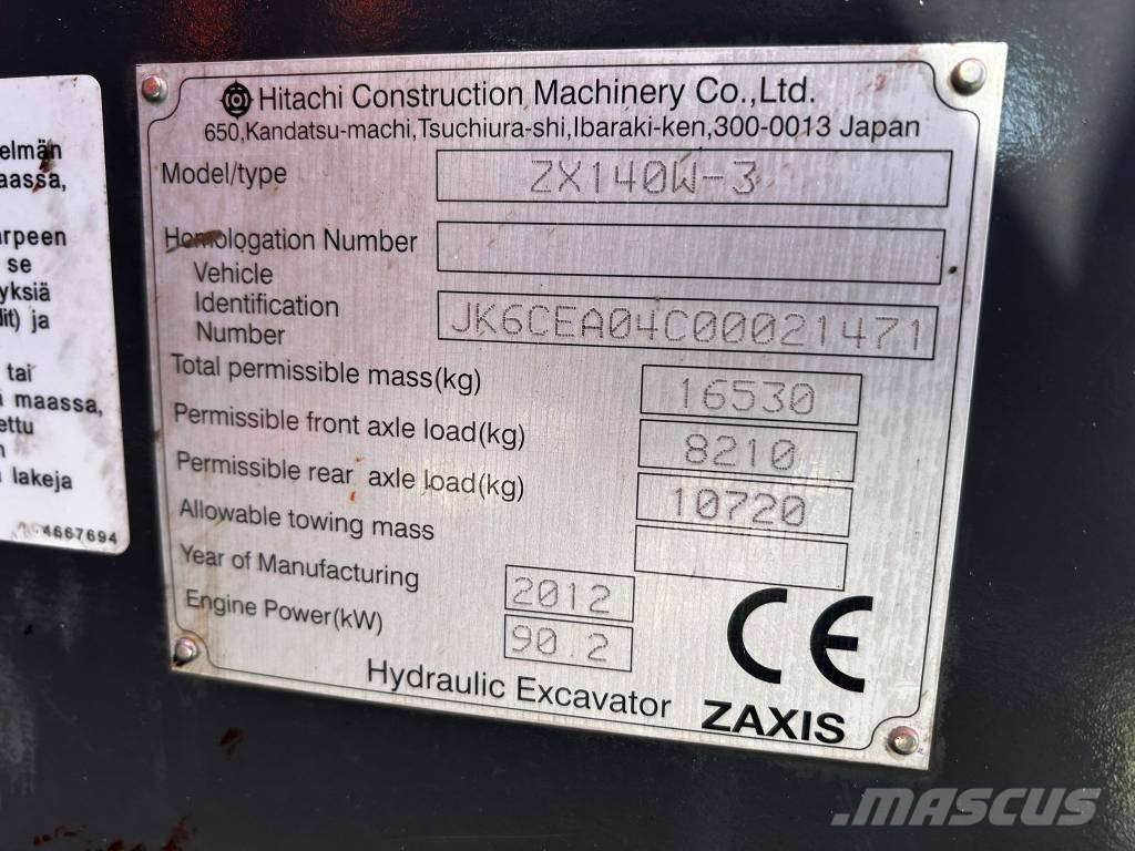Hitachi ZX 140 W-3 / Vähän ajettu, 3Kauhaa, Huoltokirja!, 2012