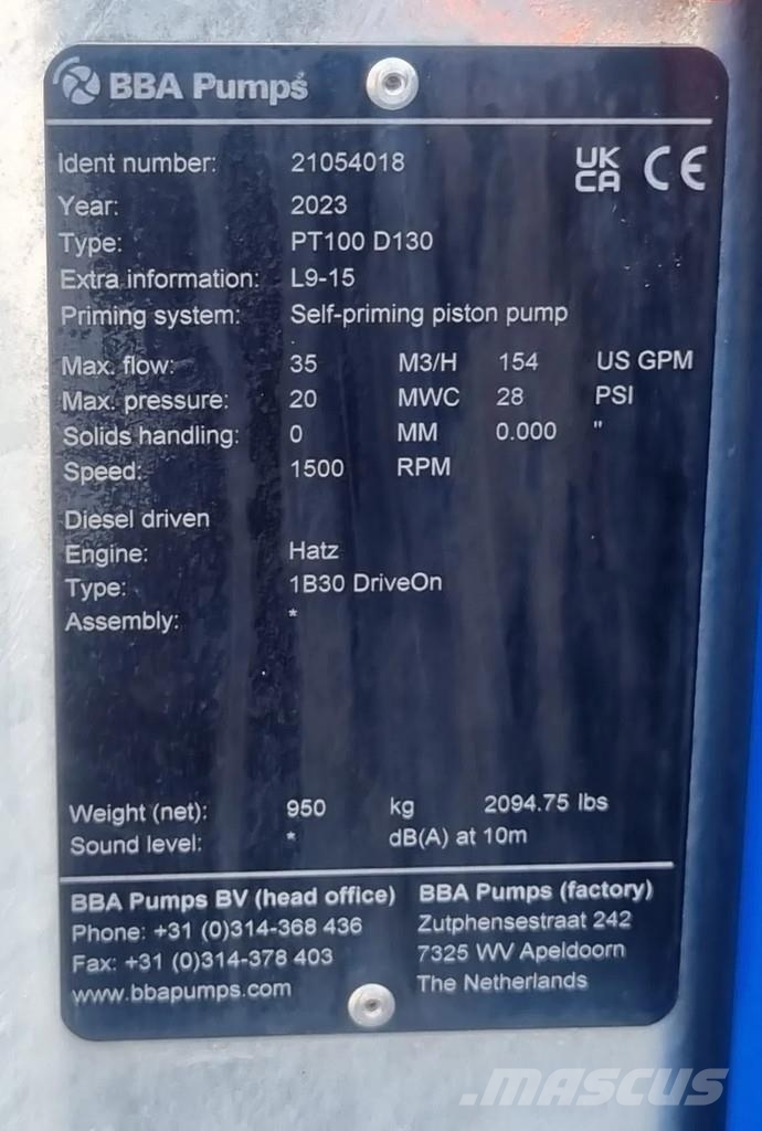 BBA PT130 D130 with HATZ 1B30 Vízpumpák