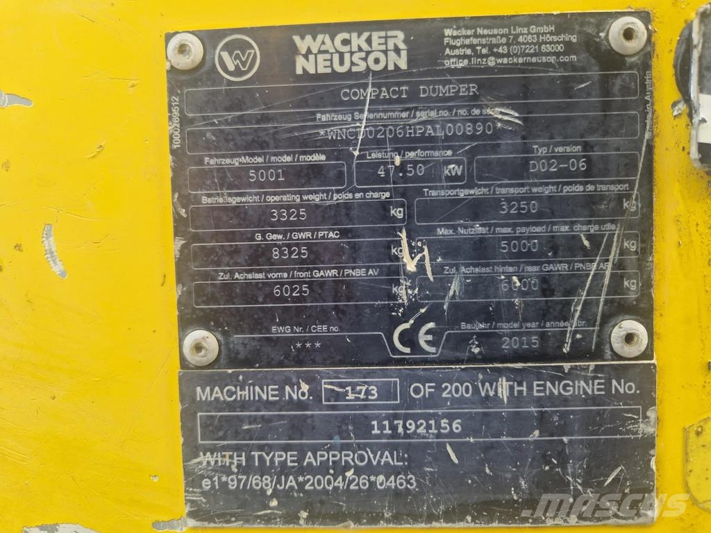Wacker Neuson Compact dumper – 2015 – 2,228 Hours – 5,000 kg Pay Mini Dumpers
