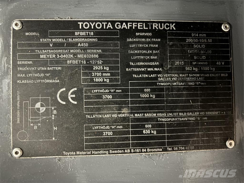 Toyota 8FBET18 شاحنات ذات رافعات شوكية تعمل بالكهرباء