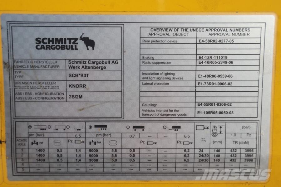 Schmitz Cargobull SCB3ST CoC Documents, TuV Loading Certificate, Dut Schuifzeilopbouw