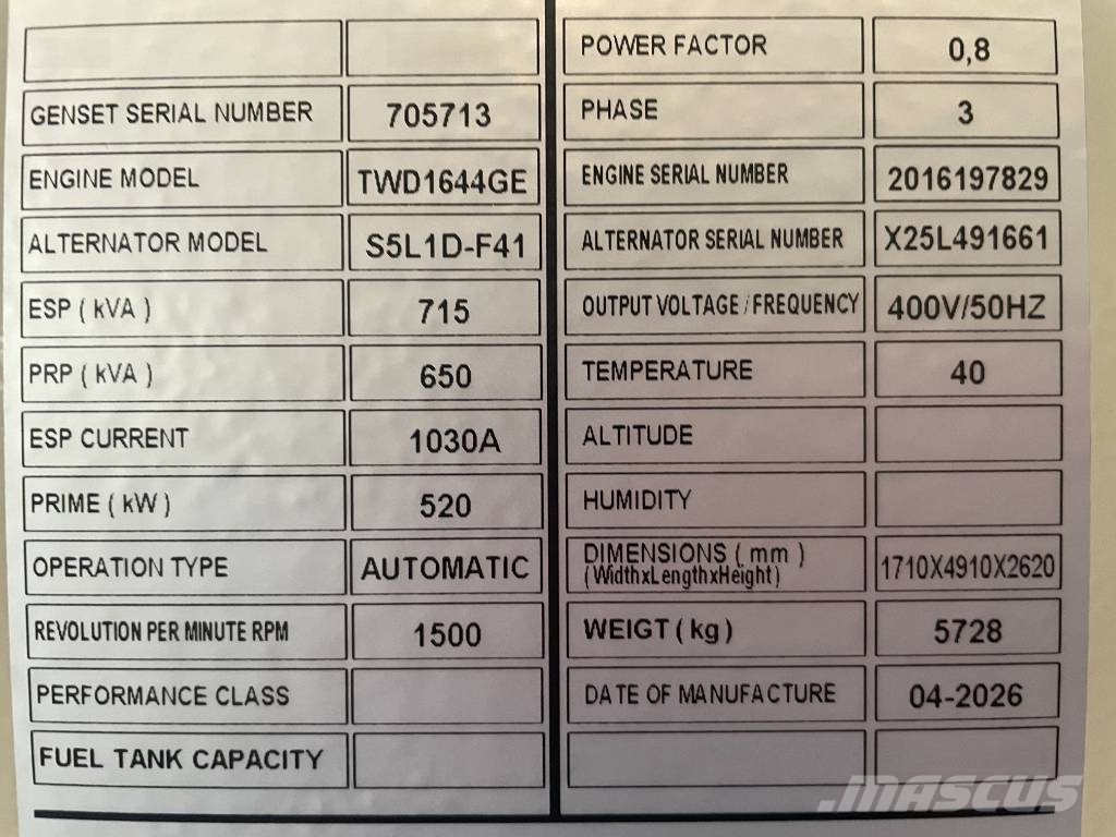 Volvo TWD1644GE - 715 kVA Generator - DPX-18884.1 Dizel generatori