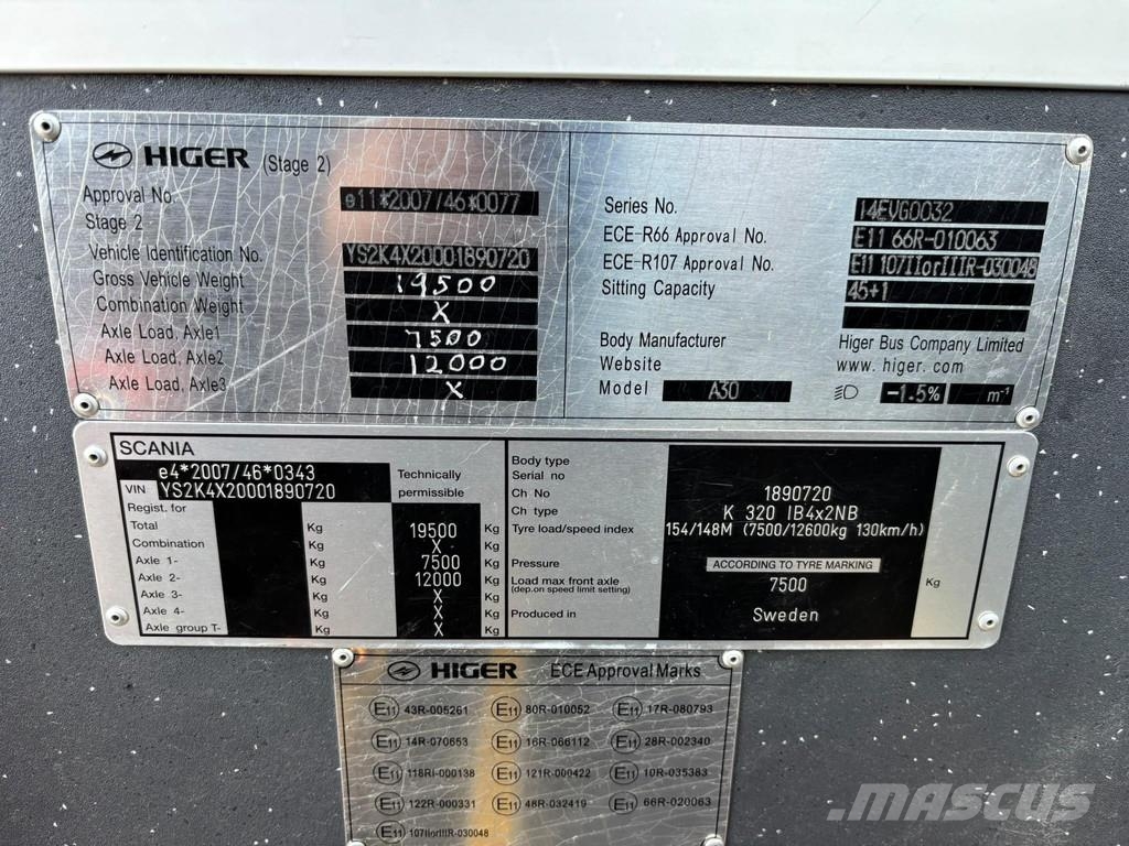 Scania K 320 A30 Higer 4x2 45 SEATS / AC / AUXILIARY HEAT Autobus interurbain