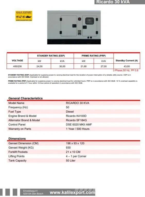 Ricardo 30 KVA (24KW) Silent Generator 3 Phase 50HZ 400V N Γεννήτριες ντίζελ