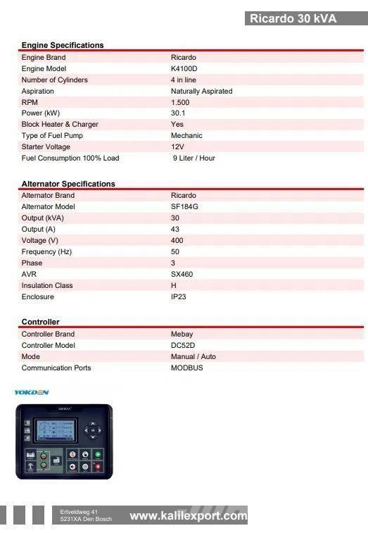 Ricardo 30 KVA (24KW) Silent Generator 3 Phase 50HZ 400V N Γεννήτριες ντίζελ