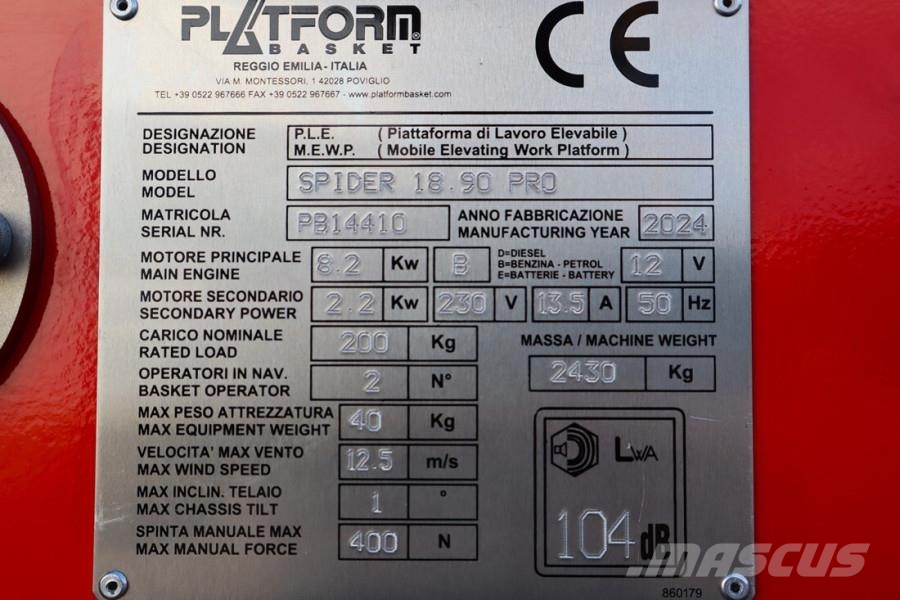 Platform Basket Spider 18.90 PRO CE Declaration, Valid inspection, Plataformas con brazo de elevación manual