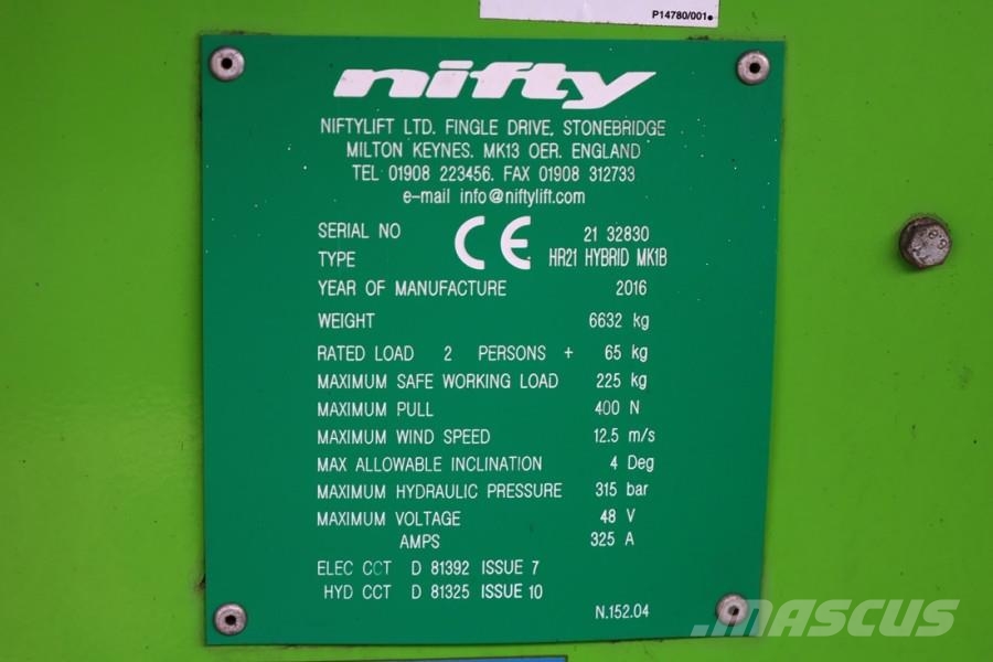 Niftylift HR21 HYBRID As - Is, Hybrid, 4x4 Drive, 21m Workin Plataforma de trabajo articulada
