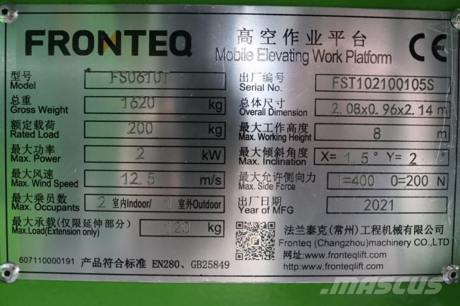 Fronteq FS0610T CE Declaration, 6.7m Working Height, 200kg Makasli platformlar