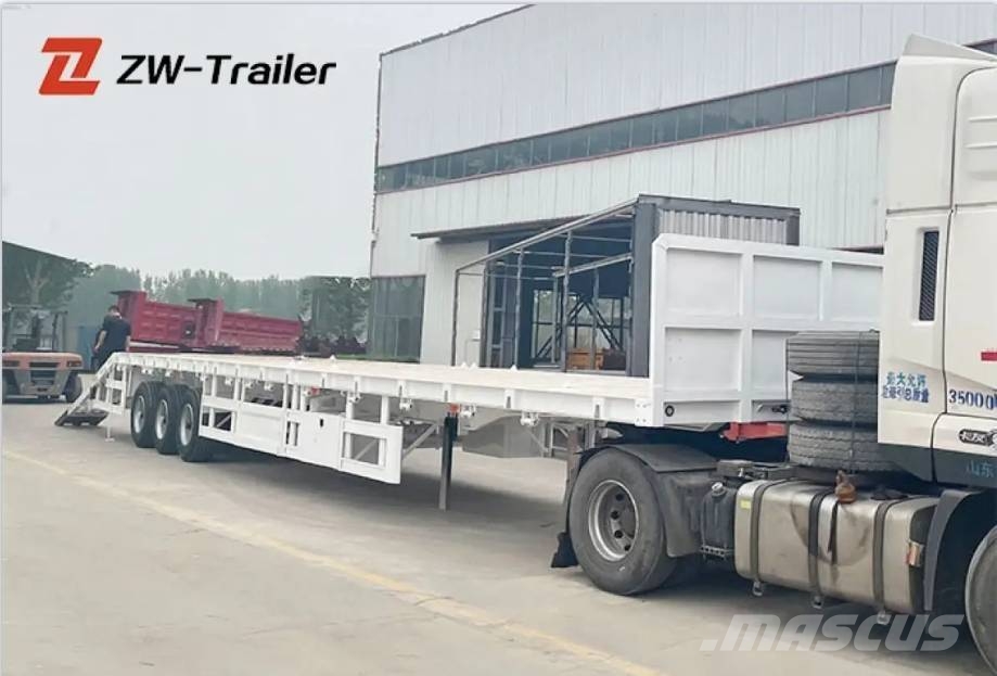 ZW Group 60ton 3 Axle Flatbed Semi Trailer with ladder نصف مقطورات مسطحة / مفصلية الجوانب