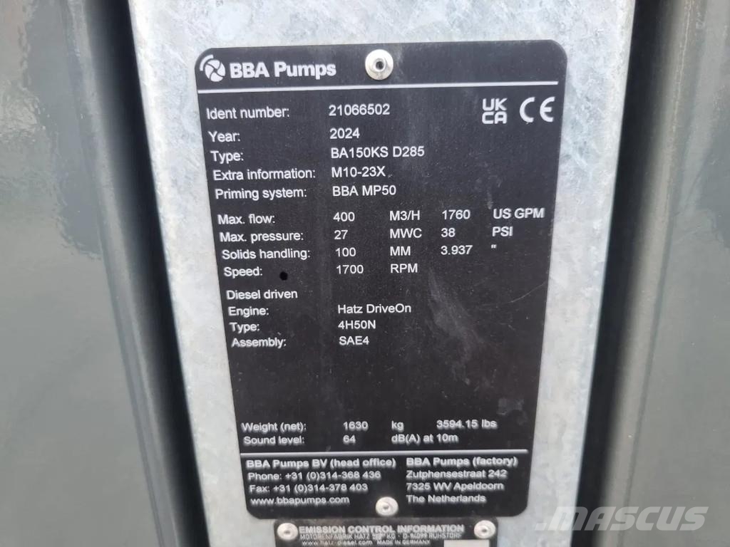 BBA BA150KS D285 with Hatz 4H50N مضخات المياه