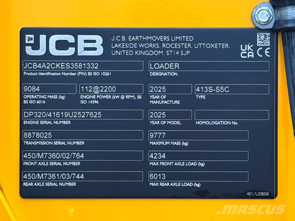 JCB 413 S / 50km/h! / Stage V / Aurasähkö / Kamera / Radlader