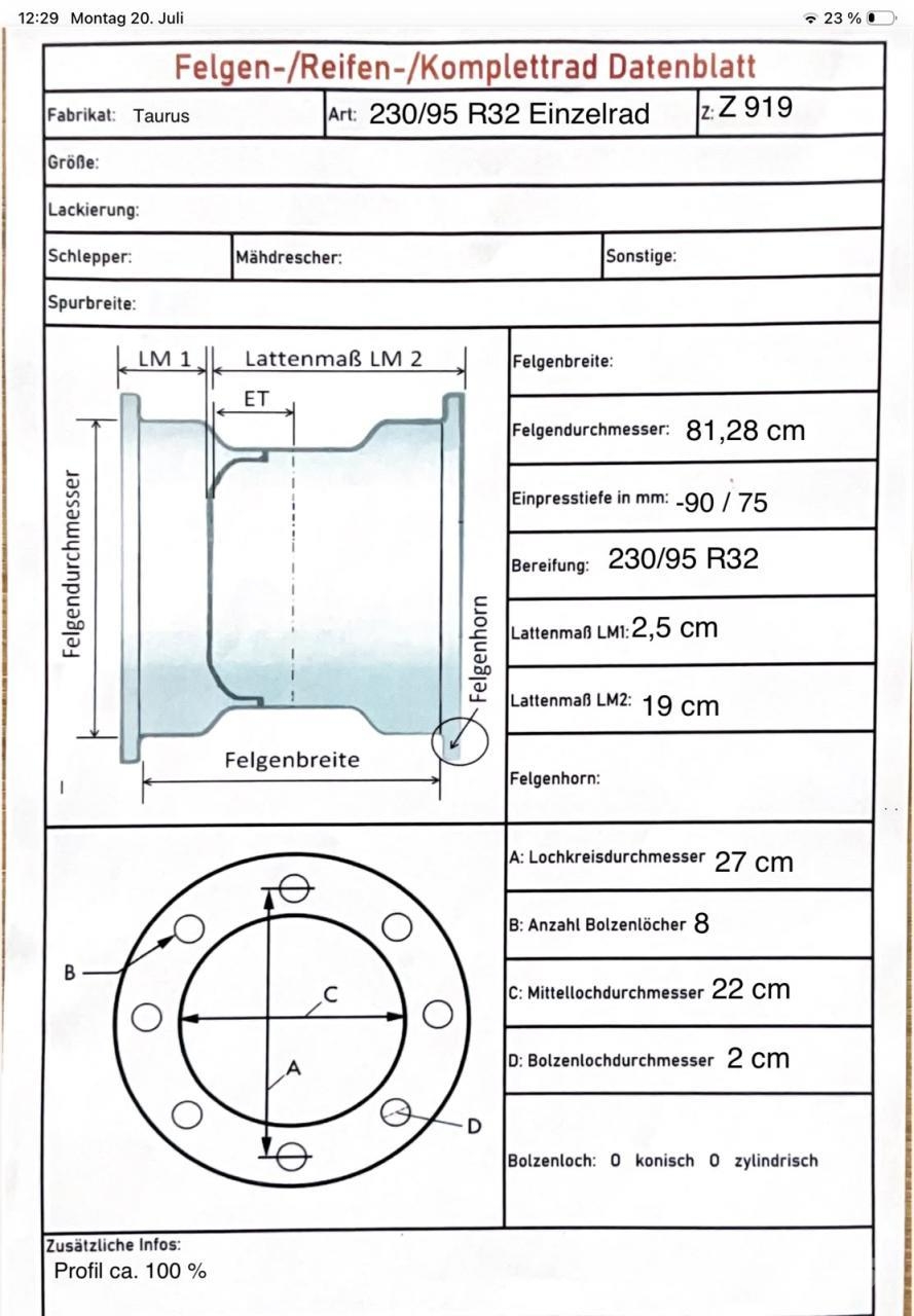 Taurus 230/95 R32, 8-Loch, 100% Profil, Einzelrad 轮胎、车轮、轮圈