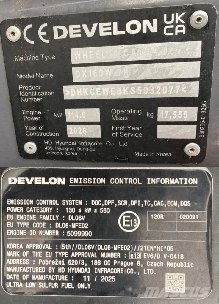 Develon DX160W-7K 2026 1er Main endommagée Ratiniai ekskavatoriai