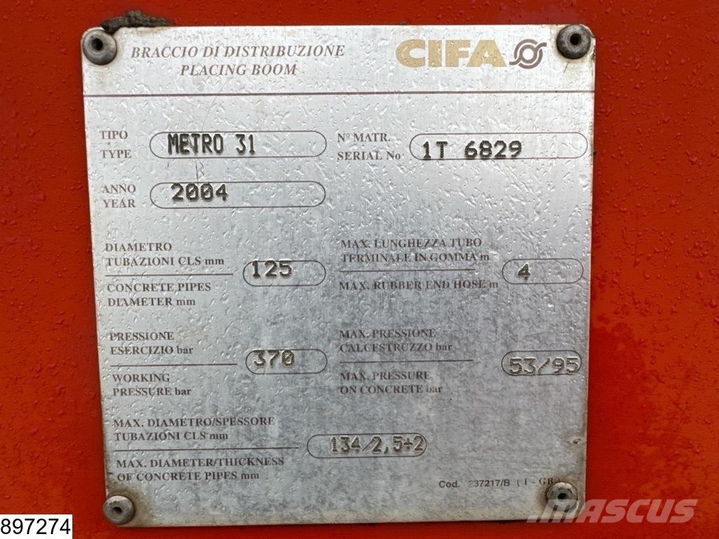 Mercedes-Benz Actros 2636 6x4, EURO 3, CIFA METRO 31, Steel Kamionske črpalke za beton