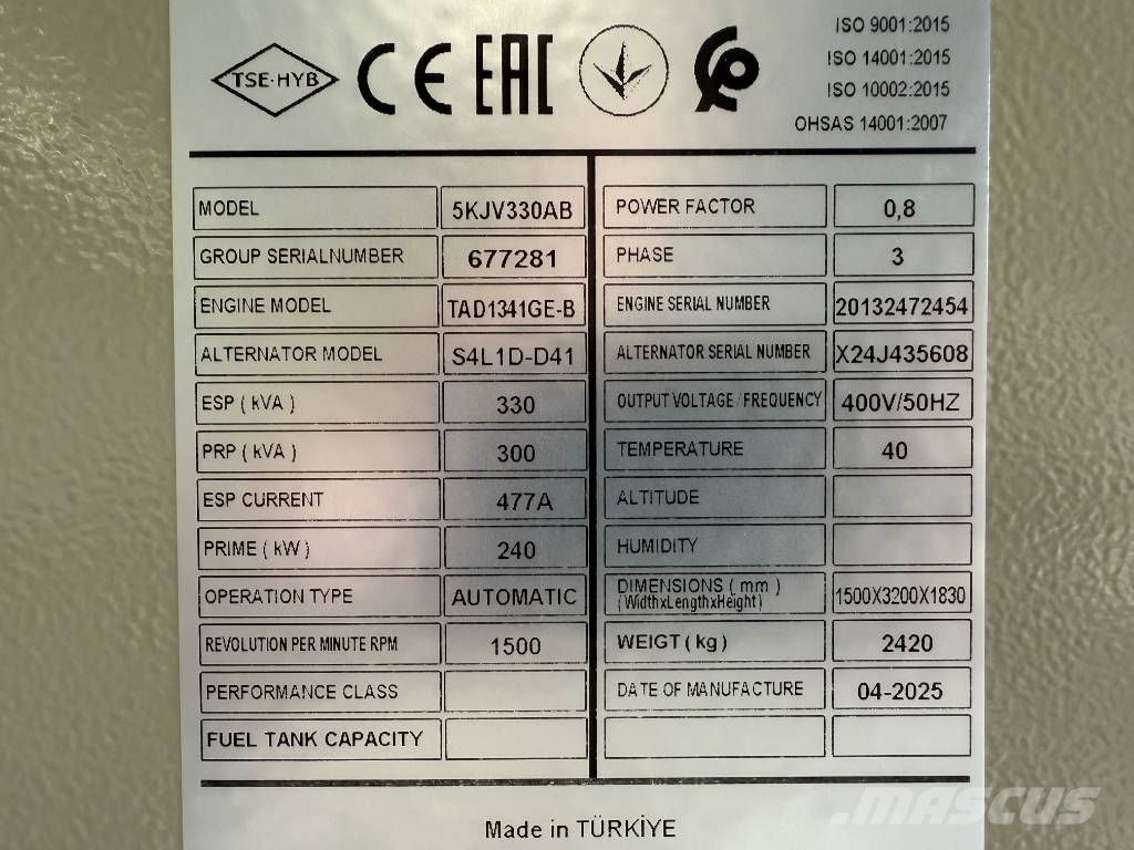 Volvo TAD1341GE - 330 kVA Generator - DPX-18877-O Dizel generatori