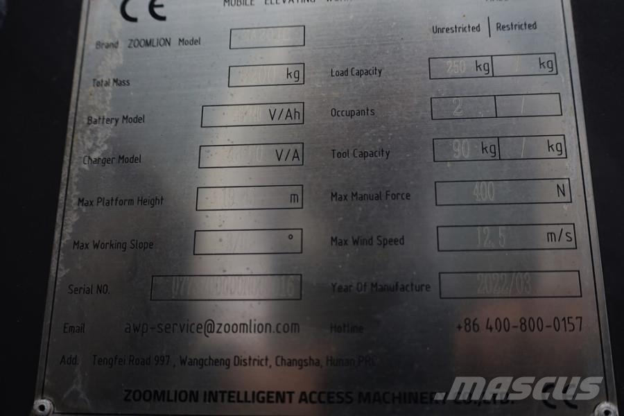 Zoomlion ZA20JE Fully Electric Lithium-Powered, 4x4 Rough T Kuukulkijat