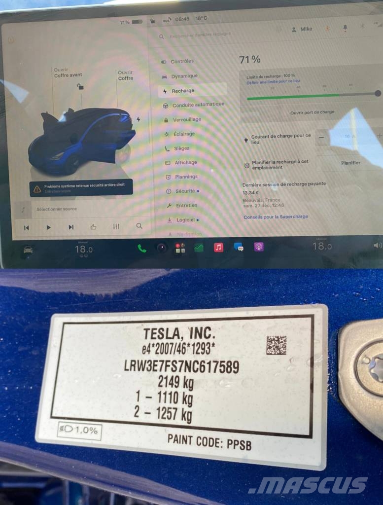 Tesla Model 3 Basis RWD Carte Grise Française endommagée Coches