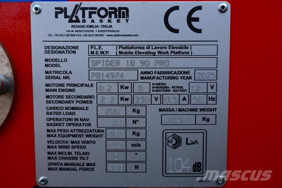 Platform Basket Spider 18.90 PRO CE Declaration, Valid inspection, رافعات سلة مفصلية