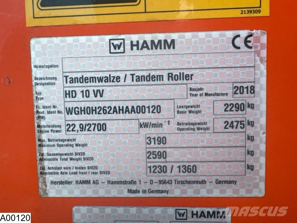 Hamm HD 10 VV 2018, 2475 kg, 22.9 kW Kubota Ostali valjci