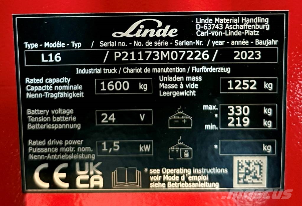 Linde L16/1173-01 Cold Store 6.2m Pedestrian stacker