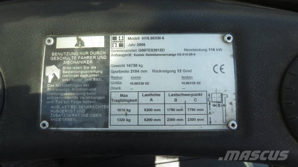 Hyster H10.00XM-6 heftruck met stenenklem Pyöräkaivukoneet
