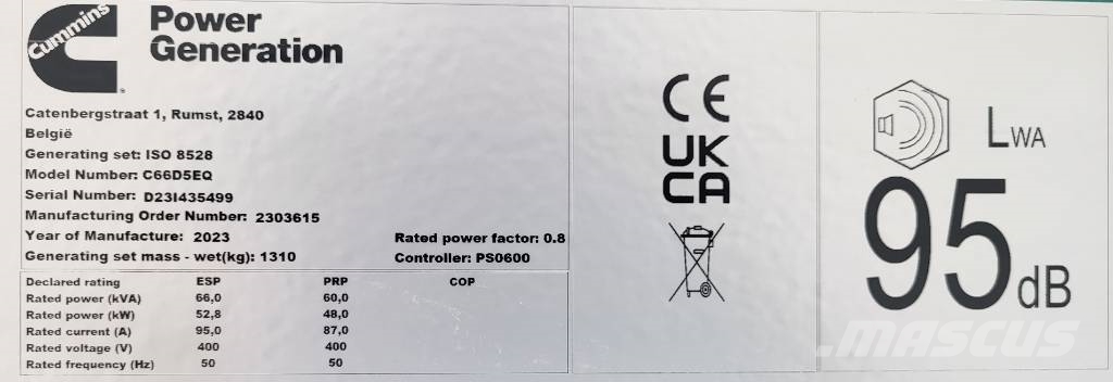 Cummins C66D5EQ ディーゼル発電機