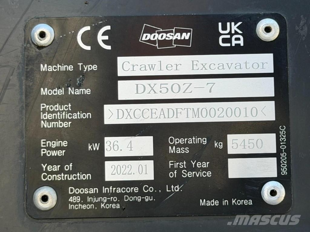 Doosan DX 50 Z-7 5.4T - *FULL HYDR - *CENTRAL GREASING* - Minigraafmachines < 7t