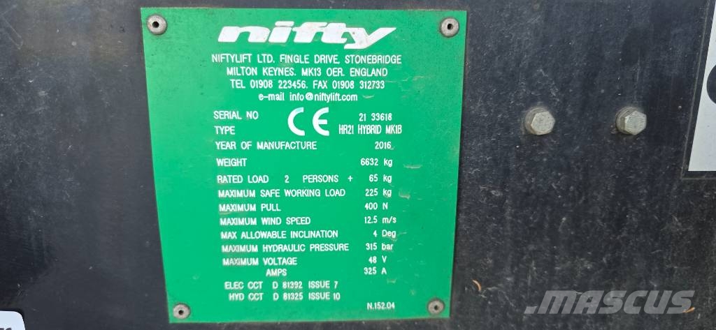 Niftylift HR 21 HYBRID 2016 knikarmhoogwerker nifty AWD 曲臂高空作業車