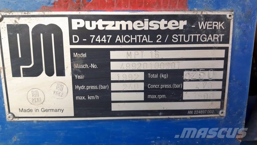 Putzmeister MPT 16 Tunnel Muck Pump Betonipumppuautot