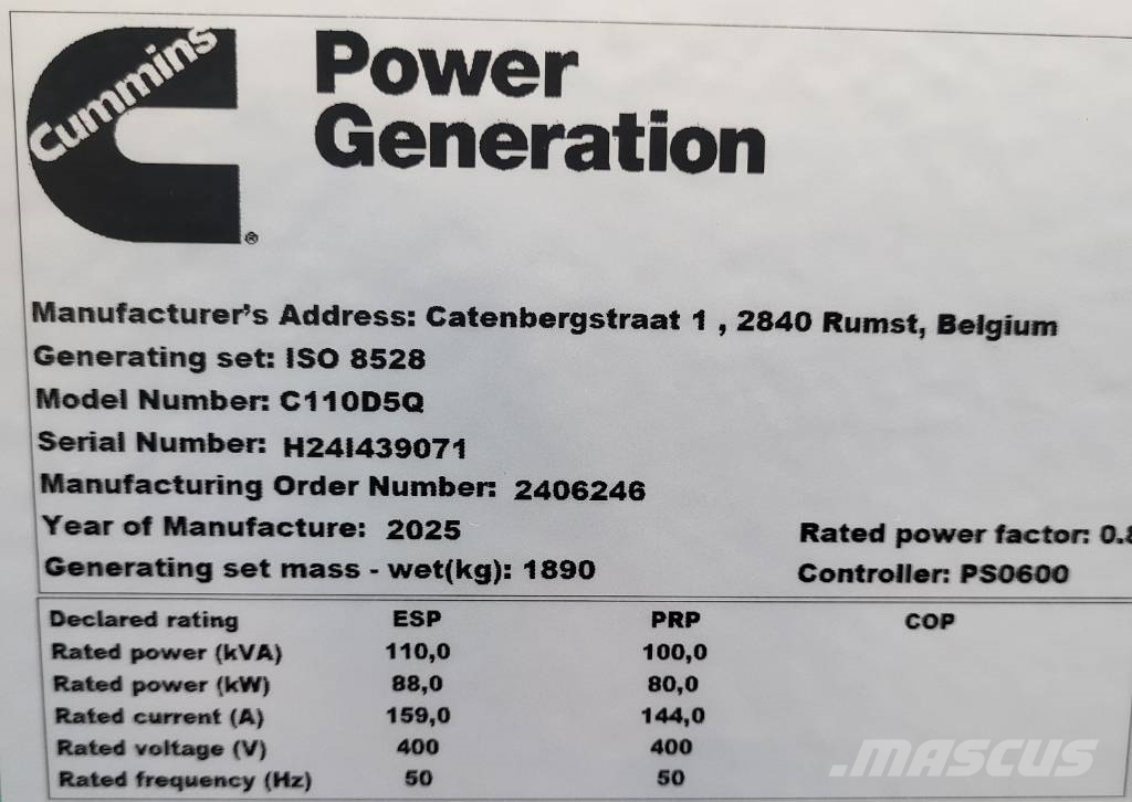 Cummins C110D5Q ディーゼル発電機