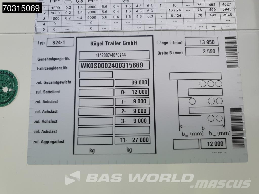 Kögel S24-1 S24-1 3 axles APK 08/27 Liftas SAF Noslēgtās piekabes