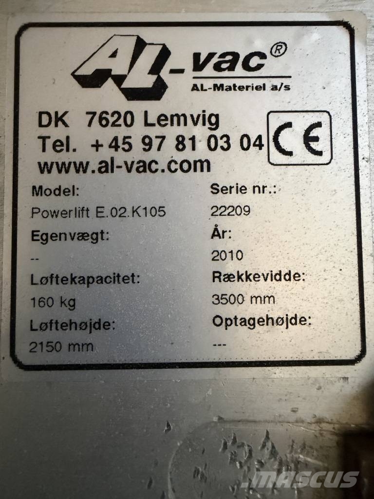 Al-vac Mobil søjlesvingkran. Powerlift. 160 kg. Håndbetj. 其他升降機械