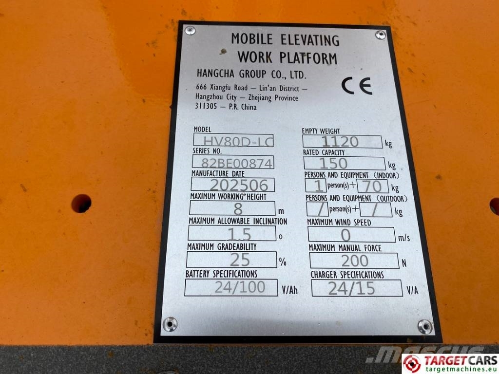 Hangcha HV80D-LC Electric Vertical Mast Work Lift 800cm Vertikaalsed mast tõstukid