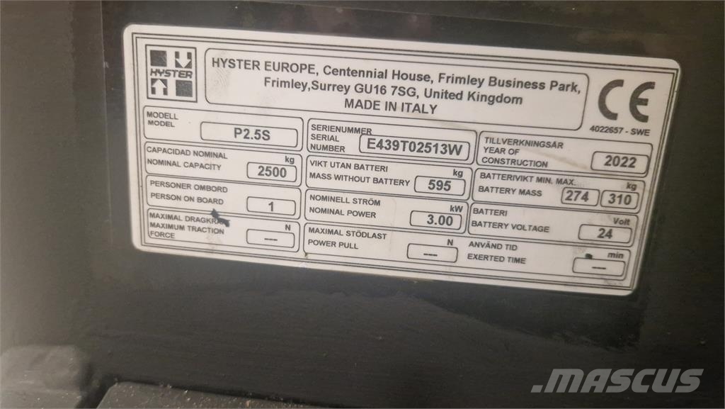 Hyster P2.5S Gyalogkíséretű targonca
