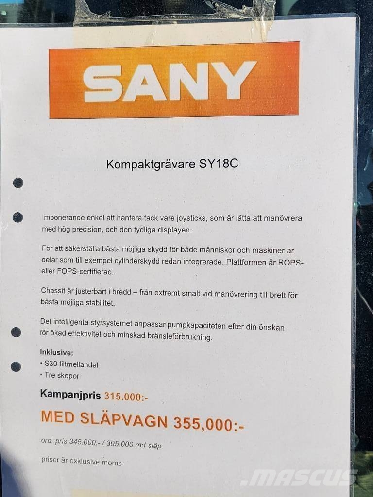 Sany Lagerkampanj 1.8 T Med Släp i Lager Minibagger < 7t