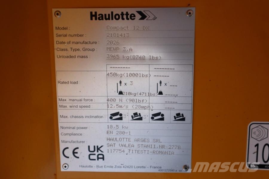 Haulotte Compact 12DX Valid Inspection, Diesel, 4x4 Drive, Šķerveida pacēlāji