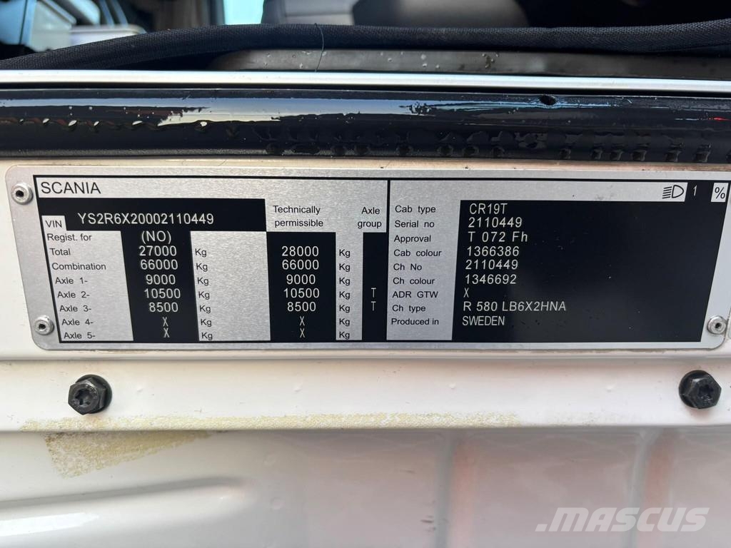 Scania R 580 6x2 9 TON FRONT AXLE / RETARDER / DOUBLE BOG Kamioni-šasije