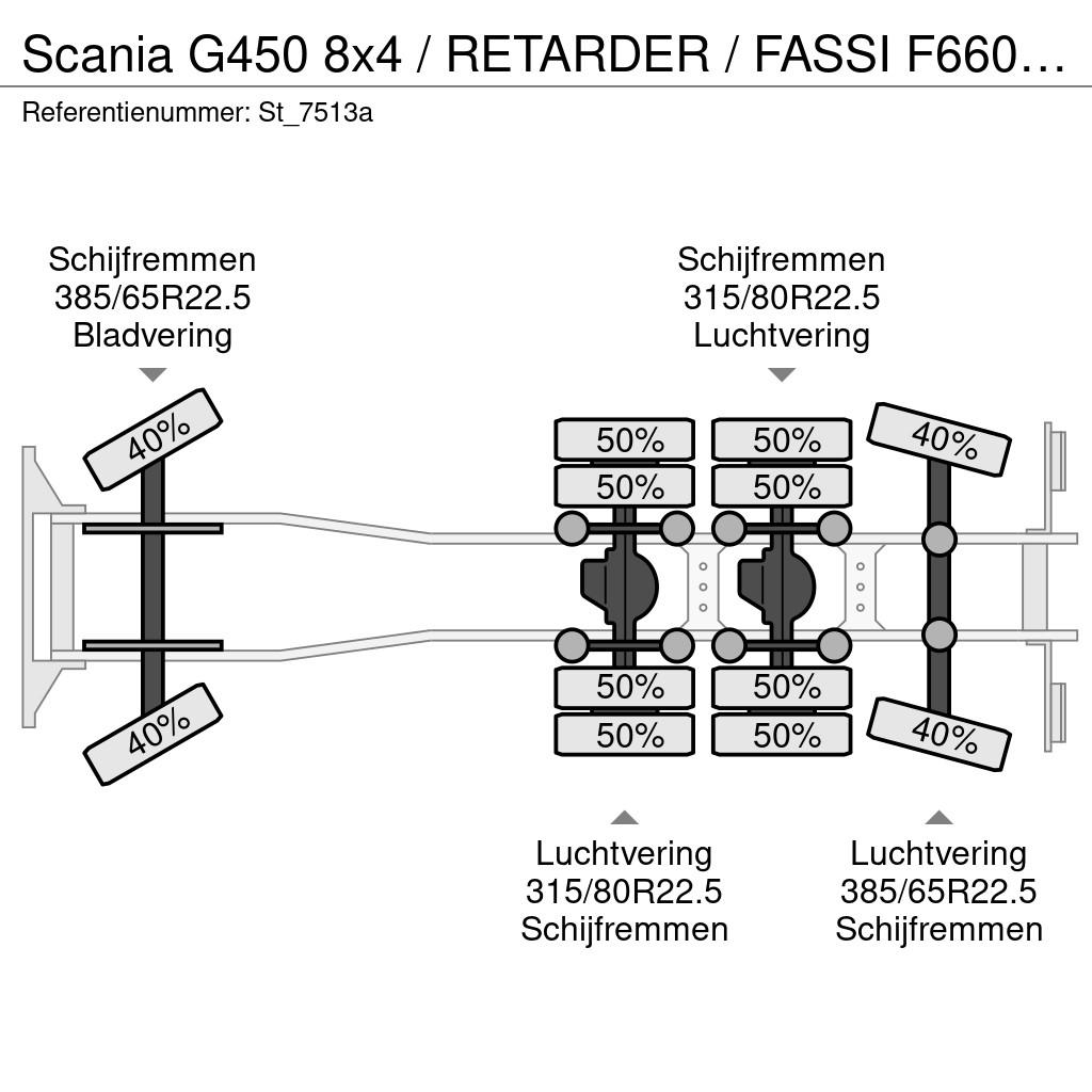 Scania G450 8x4 / RETARDER / FASSI F660 CRANE / KRAN / GR Vlakke laadvloer met kraan