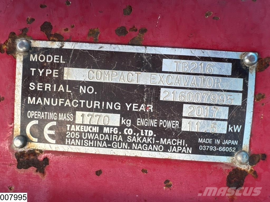 Takeuchi TB216 2700 hr, 11,5 kW, 1770 kg, 2017 Mini bagri <7t