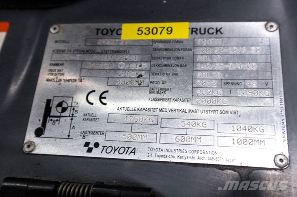 Toyota 8FBET20, Containergående 2-tonstruck med hytt Elektro Stapler