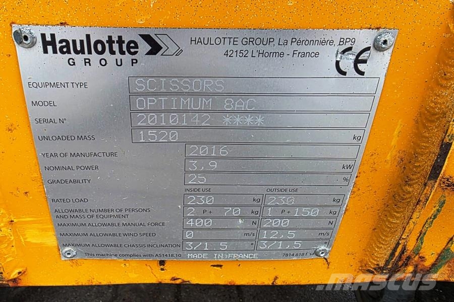 Haulotte Optimum 8 Electric, 7.77m Working Height, 230kg Ca Schaarhoogwerkers