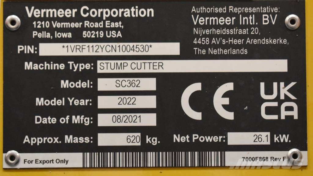 Vermeer Corporation Stump Cutter SC362 Rezkalci panjev/štorov